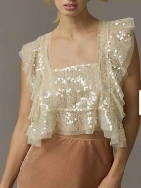 Anthropologie Sequined Ruffle Crop Top in Light Cream XL